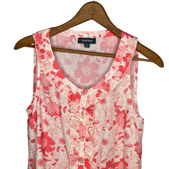 ModCloth Small S Cream Pink Floral Ruffle‎ Bit Of Frill Sleeveless Top Blouse - Picture 3 of 6